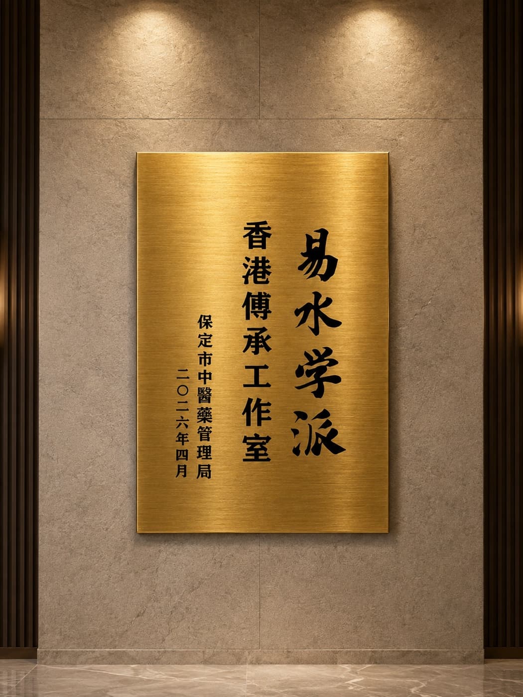 懸掛於本院牆上的金色銘牌,以直書刻有「易水學派」、「香港傳承工作室」,落款為「保定市中醫藥管理局」及「二〇二六年四月」。