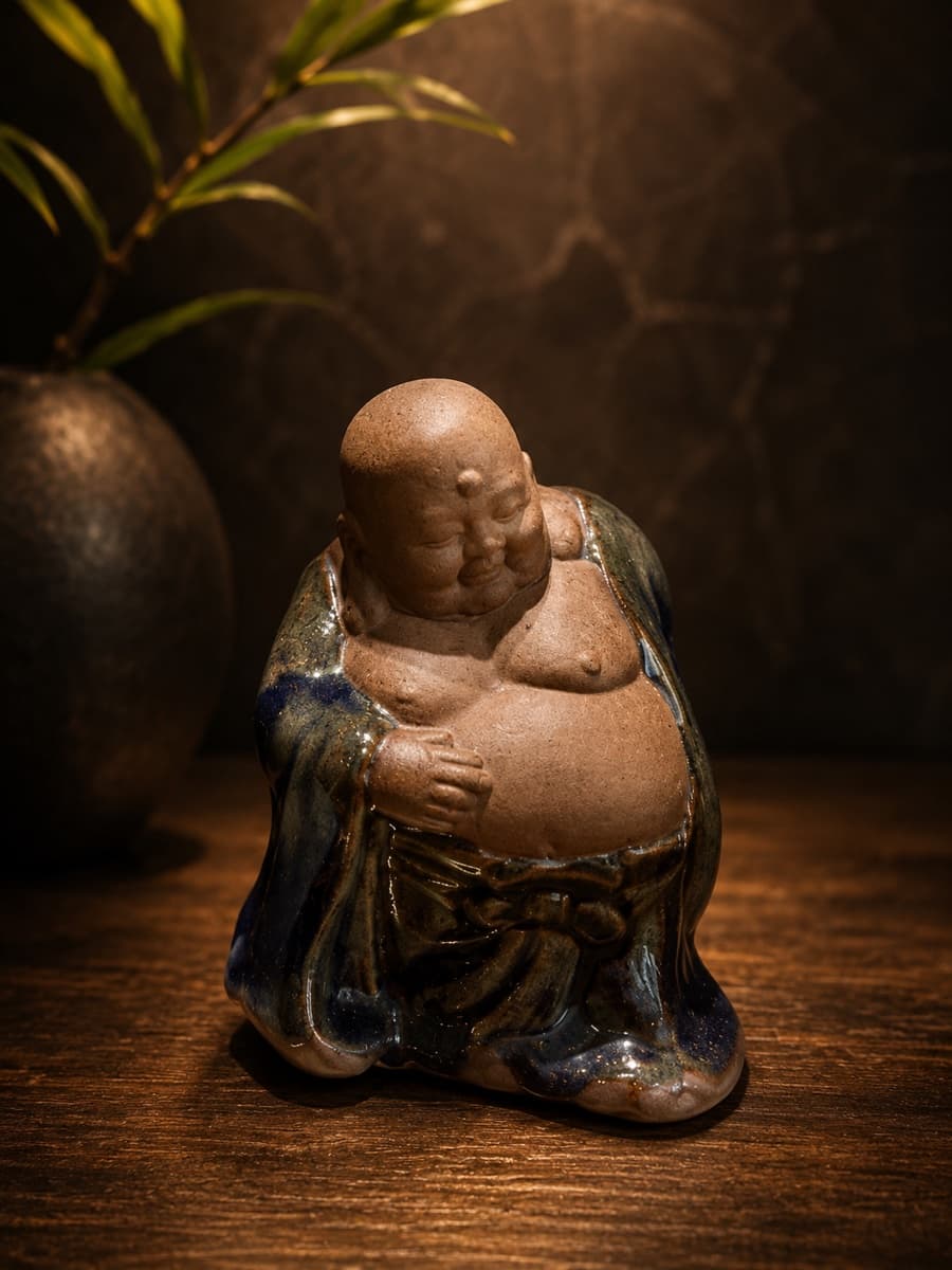 本院陳設的陶瓷布袋和尚坐像,身披藍綠釉彩衣袍,安放於木檯上,背後有一瓶竹枝。